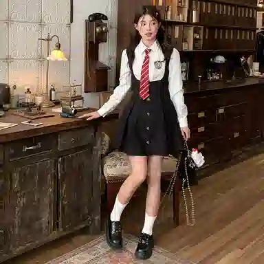 东鲸岁时记 学院风温柔学姐风职场微辣裙撞色修身收腰休闲衬衫连衣裙制服 春秋季 女款 礼盒装 黑白