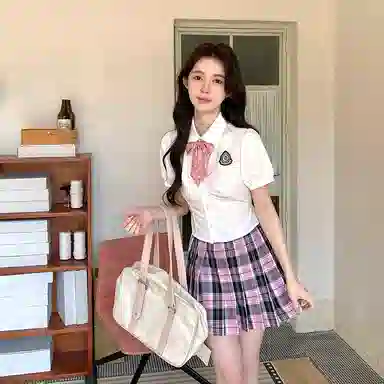 东鲸岁时记 纯色舒适修身收腰短袖衬衫百褶时尚半身裙制服 女款