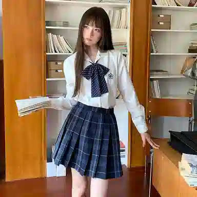 东鲸岁时记 学院风刺绣蝴蝶结直筒长袖衬衫高腰半身裙制服 女款