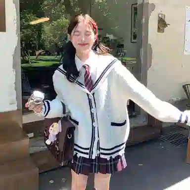 东鲸岁时记 学院风复古绞花高级感宽松休闲海军领松弛感文艺风单排扣毛衣开衫外套针织衫 春秋季 男女同款 白色