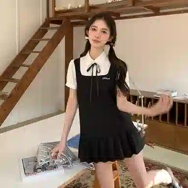 东鲸岁时记 纯色适中修身短袖连衣裙 女款 黑色