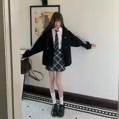 东鲸岁时记 美式复古拉链刺绣开衫连帽宽松插肩长袖夹克外套 男女同款 黑色