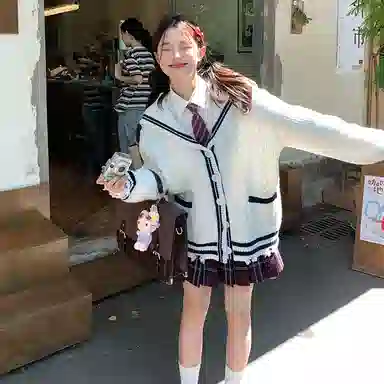 东鲸岁时记 学院风复古绞花高级感宽松休闲海军领松弛感文艺风单排扣毛衣开衫外套针织衫 春秋季 男女同款 白色