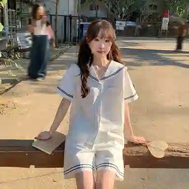 东鲸岁时记 学院风可爱甜美海军领衬衫短袖制服 女款 白色（礼盒款）