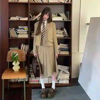 东鲸岁时记 学院风时尚纯色中腰百褶长款半身休闲长裙 女款 棕色