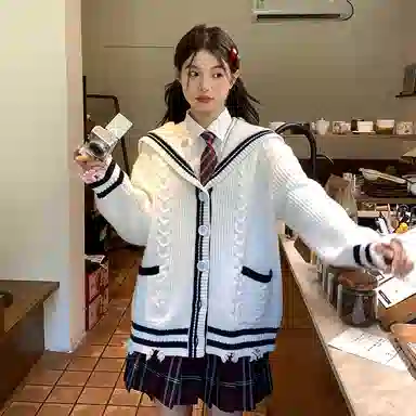 东鲸岁时记 学院风复古绞花高级感宽松休闲海军领松弛感文艺风单排扣毛衣开衫外套针织衫 春秋季 男女同款 白色