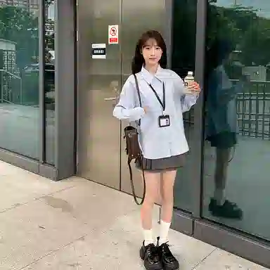 东鲸岁时记 学院风通勤日常上衣纯色高腰宽松半裙制服 女款 水蓝色