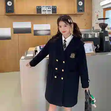 东鲸岁时记 海军领毛呢学院风牛角扣单排扣呢子大衣 女款 绀色