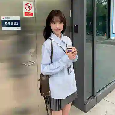 东鲸岁时记 学院风通勤日常上衣纯色高腰宽松半裙制服 女款 水蓝色