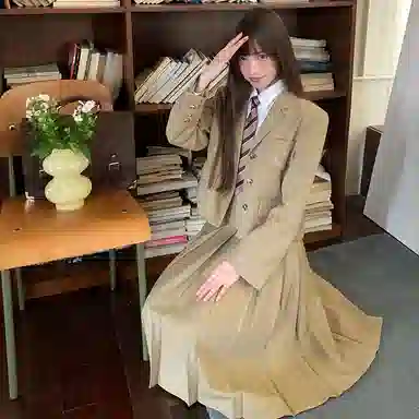 东鲸岁时记 学院风时尚纯色中腰百褶长款半身休闲长裙 女款 棕色