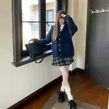 东鲸岁时记 港风宽松学院风慵懒风开衫长袖针织衫 男女同款 藏青色