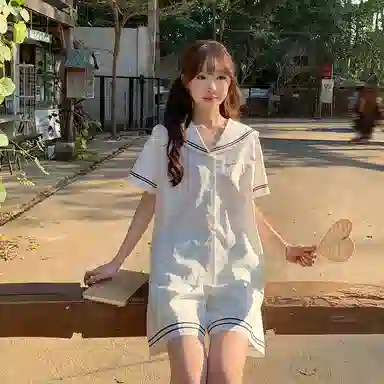 东鲸岁时记 学院风可爱甜美海军领衬衫短袖制服 女款 白色（礼盒款）