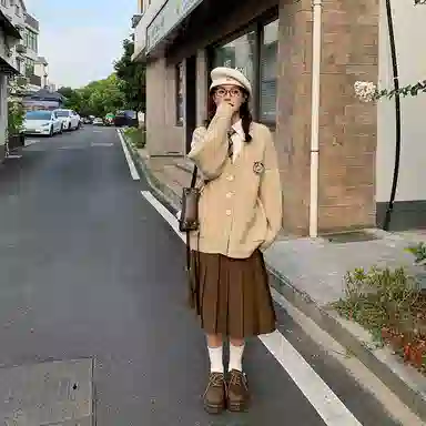 东鲸岁时记 韩系穿搭学院风格雷系纯色中长款伯克利百褶裙休闲长裙 女款 棕色裙