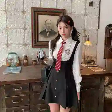 东鲸岁时记 学院风温柔学姐风职场微辣裙撞色修身收腰休闲衬衫连衣裙制服 春秋季 女款 礼盒装 黑白