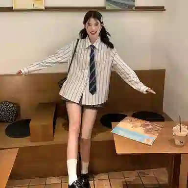 东鲸岁时记 韩剧女主穿搭学院风衬衣小衫松弛感宽松休闲外套文艺风学姐感职场通勤条纹长袖衬衫 男女同款 雾霾蓝