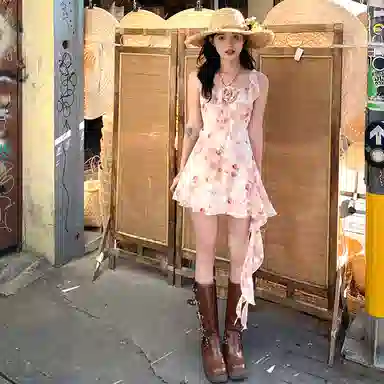 东鲸岁时记 植物花卉方领收腰吊带连衣裙 女款