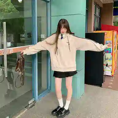 东鲸岁时记 美式复古拉链刺绣开衫连帽宽松插肩长袖夹克外套 男女同款 黑色