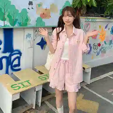 东鲸岁时记 可爱甜美格子长袖衬衫宽松显瘦休闲套装 女款 两件装 粉色