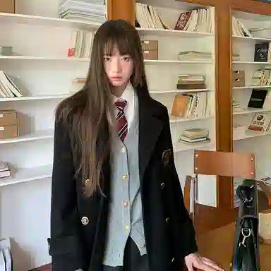 东鲸岁时记 毛呢学院风双排扣西装领长袖大衣 女款 黑色