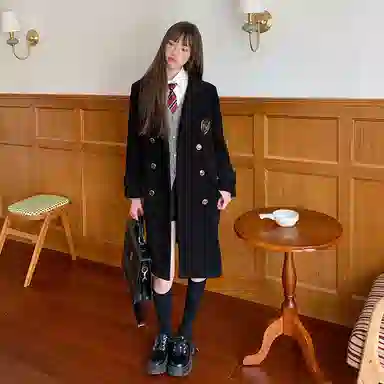 东鲸岁时记 毛呢学院风双排扣西装领长袖大衣 女款 黑色