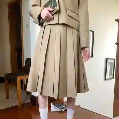 东鲸岁时记 学院风时尚纯色中腰百褶长款半身休闲长裙 女款 棕色