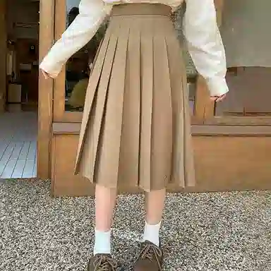 东鲸岁时记 学院风格雷系纯色中长款伯克利百褶裙休闲长裙 女款 卡其色裙