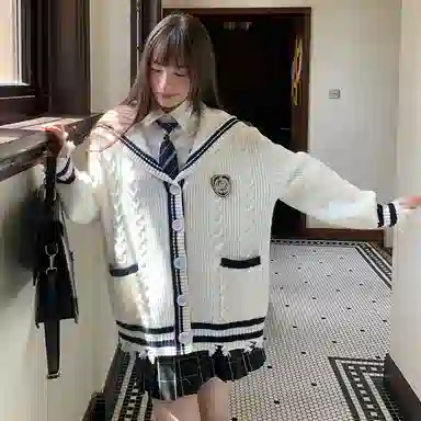 东鲸岁时记 学院风复古海军蓝长袖上衣高腰修身半身裙制服 秋冬季 女款 礼盒装 白色+黑色