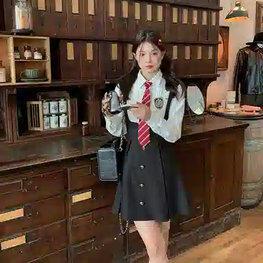 东鲸岁时记 学院风温柔学姐风职场微辣裙撞色修身收腰休闲衬衫连衣裙制服 春秋季 女款 礼盒装 黑白