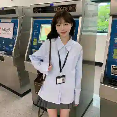 东鲸岁时记 学院风通勤日常上衣纯色高腰宽松半裙制服 女款 水蓝色