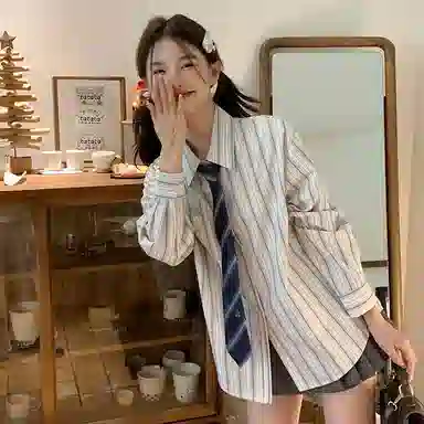 东鲸岁时记 韩剧女主穿搭学院风衬衣小衫松弛感宽松休闲外套文艺风学姐感职场通勤条纹长袖衬衫 男女同款 雾霾蓝