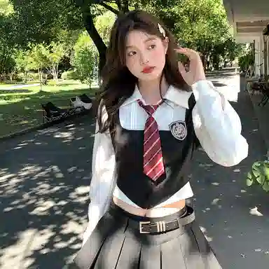 东鲸岁时记 学院风修身辣妹收腰假两件上衣学姐感文艺风纯色百褶半裙制服 春秋季 女款 礼盒装 黑色+白色