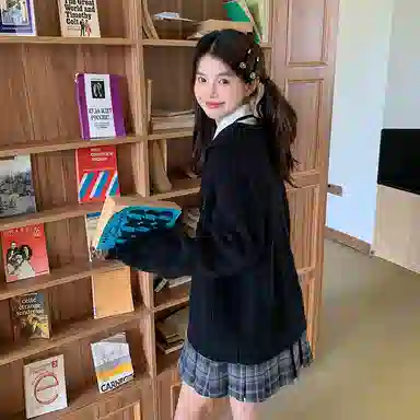 东鲸岁时记 学院风海军领复古绞花上衣毛衣外套学姐感松弛感宽松文艺风经典格纹半裙穿搭一整套裙装套装 秋冬季 女款 礼盒装 米白色