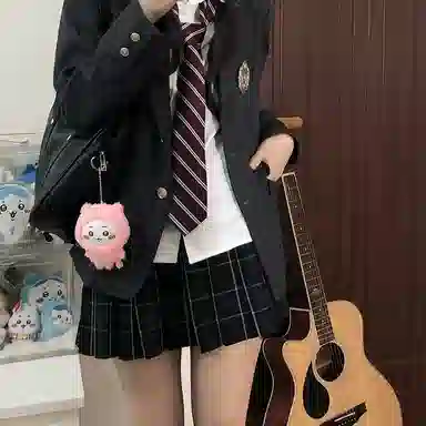 东鲸岁时记 学院风开学季纯色西服格纹中腰修身半裙制服 女款 黑色+红色