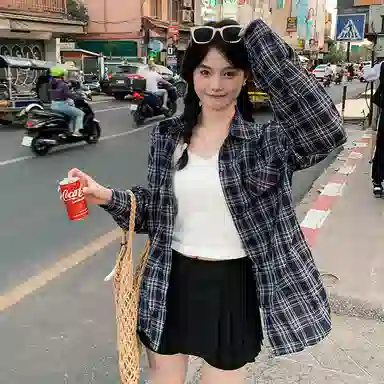 东鲸岁时记 格子长袖衬衣外套纯色百搭舒适裙裤裙装套装 女款