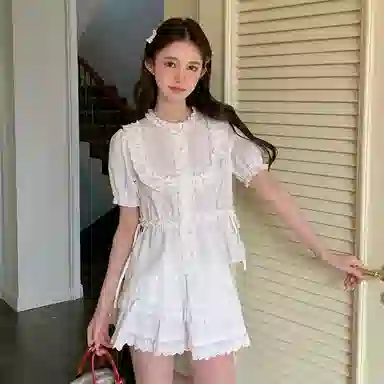 东鲸岁时记 减龄全棉法式独特绝美小上衣花边半身裙裙装套装 女款 礼盒装 白色