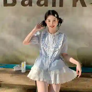 东鲸岁时记 法式气质全棉法式独特绝美小花边半身裙裙装套装萝莉装 女款 礼盒装 蓝色甜茶曼波上衣+短裙（内含打底裤） 买赠裙夹