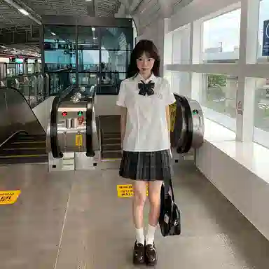 东鲸岁时记 学院风毕业季日系简约显瘦刺绣短袖衬衫碳素笔格裙短款半身裙制服 女款