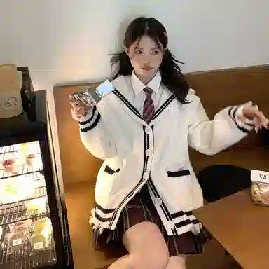 东鲸岁时记 学院风复古绞花高级感宽松休闲海军领松弛感文艺风单排扣毛衣开衫外套针织衫 春秋季 男女同款 白色