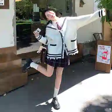 东鲸岁时记 学院风复古绞花高级感宽松休闲海军领松弛感文艺风单排扣毛衣开衫外套针织衫 春秋季 男女同款 白色