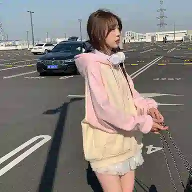 东鲸岁时记 学院风开学季初恋感小清新可爱简约国潮猫咪卡通撞色宽松插肩拉链连帽卫衣 女款 礼盒装 粉色