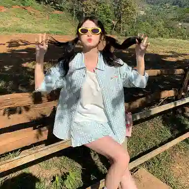 东鲸岁时记 慵懒风长袖衬衫高级感超好看独特宽松短裤休闲套装 女款 蓝色