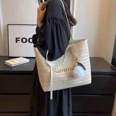 老人头 沙滩时尚休闲编织 织物拼合成革 托特包单肩包 女款 白色