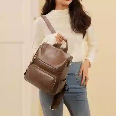 老人头 复古通勤油蜡皮大气耐用旅游防盗妈妈上班上课书包旅行 牛皮 双肩包背包 女款 多色