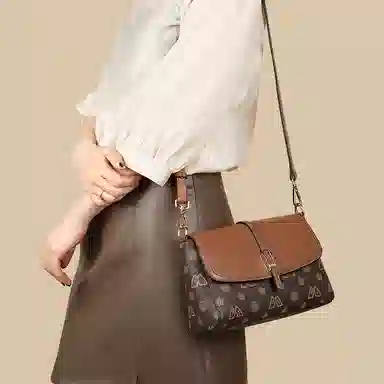 老人头 复古印花时尚百搭通勤 合成革 单肩包斜挎包 小号 女 咖色