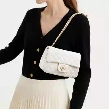 老人头 包包女高颜值小香风菱格锁扣气质优雅精致简约高级感时尚百搭 牛皮 手拎腋下单肩小包链条斜挎包 女款 白色/黑色