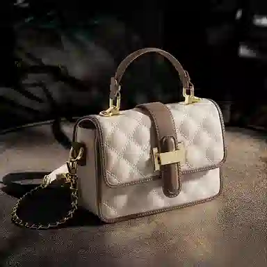 老人头 时尚百搭通勤简约菱格 合成革配牛皮 斜挎单肩包手提包 女 白色