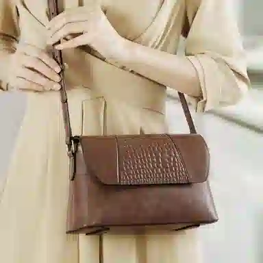 老人头 复古百搭通勤简约大气 合成革 单肩包小方包斜挎包 小号 女款 咖色