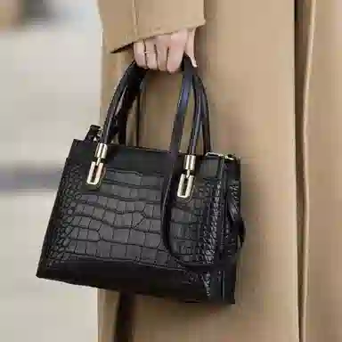 老人头 大气时尚百搭通勤 牛皮革拼超纤 斜挎包单肩包 女款 黑色