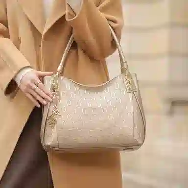 老人头 真皮包包女通勤压花小众设计高级质感大容量中年妈妈母亲托特包手挽 二层牛皮 单肩手拎腋下手提包 女款 金色