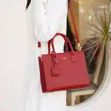 老人头 休闲简约百搭 牛皮拼合成革 手提包 中号 女款 红色